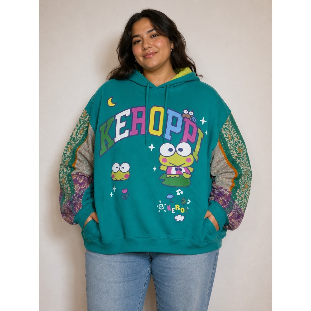 Upcycled Sanrio Keroppi Hoodie Teal Sherpa Lined XXL Hybrid Apparel OOAK